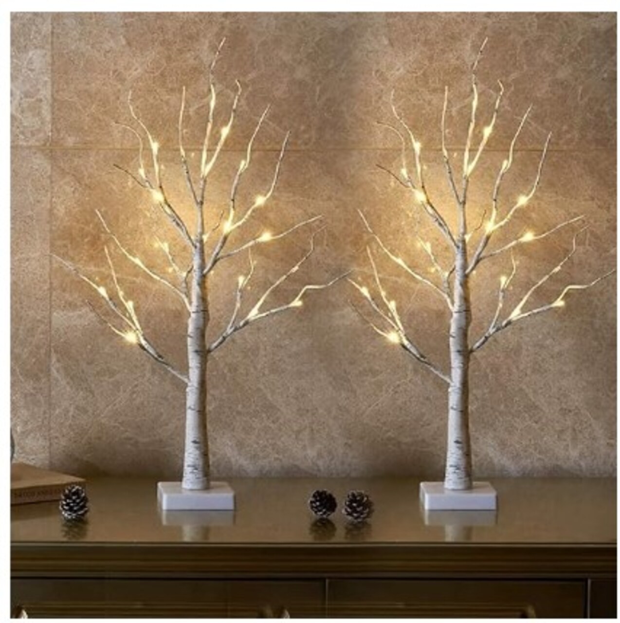 2Pack 24 LED Battery Operated Tabletop Mini Artificial Trees with Lights for Centrepiece Mantel Winter (2FT/Warm White) Lighted Birch Tree for Home Decor, White Christmas Decorations Indoor